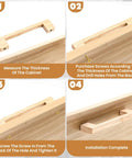 Installation guide for 30 Pcs Solid Wood Cabinet Pulls Set for Kitchen Cabinets and Furniture, showing step-by-step process.