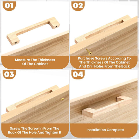 Installation guide for 30 Pcs Solid Wood Cabinet Pulls Set for Kitchen Cabinets and Furniture, showing step-by-step process.