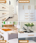 30 Pcs Solid Wood Cabinet Pulls Set for Kitchen Cabinets and Furniture 5.51 Inch Length with 128 Mm Hole Spacing installed on various furniture.