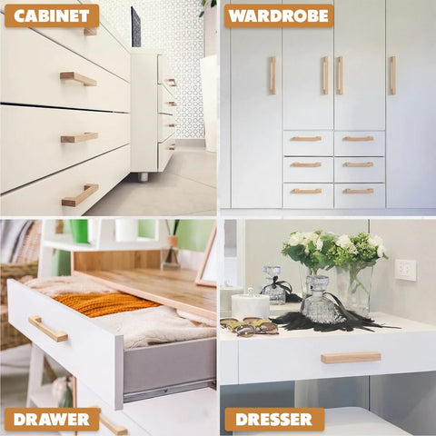 30 Pcs Solid Wood Cabinet Pulls Set for Kitchen Cabinets and Furniture 5.51 Inch Length with 128 Mm Hole Spacing installed on various furniture.
