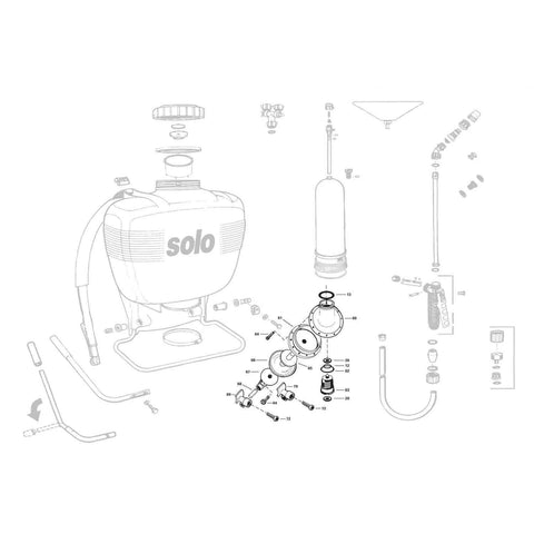 Exploded view of Solo Piston Pump and Cylinder - Diaphragm Pump components for assembly reference.