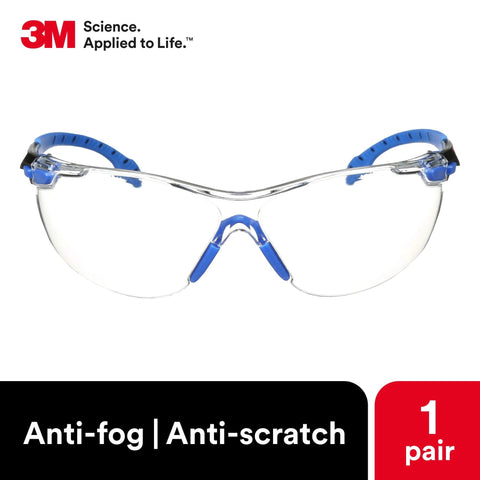 Front view of Solus 1000 Safety Glasses with Scotchgard Anti-Fog Coating ANSI Z87 Clear Lens, anti-scratch and anti-fog features visible.