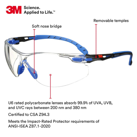 Solus 1000 Safety Glasses With Scotchgard Anti-Fog Coating ANSI Z87 Clear Lens, side view, highlighting soft nose bridge and removable temples.