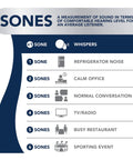 Infographic explaining sones as a sound measurement, comparing levels from whispers to a sporting event