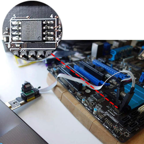SOP8 SOIC8 In Circuit Test Clip For BIOS Programming With CH341A USB Programmer for backing up, erasing, and reprogramming.