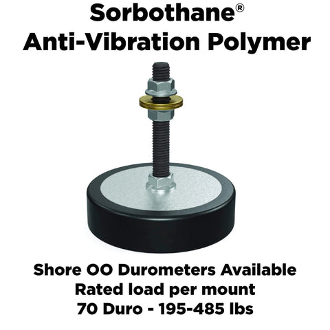 Dual-pack anti-vibration leveling mounts with Sorbothane viscoelastic polymer absorb shocks, 3/8-16 threads, 3 inch stud.