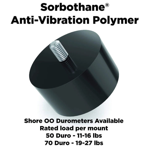Sorbothane Vibration Stud Mount for 1/4-20 Threads Male to Male 1 Inch High by 1.5 Inch Diameter 50 Durometer Anti Vibration Isolator Cushions Pack of Four, front view