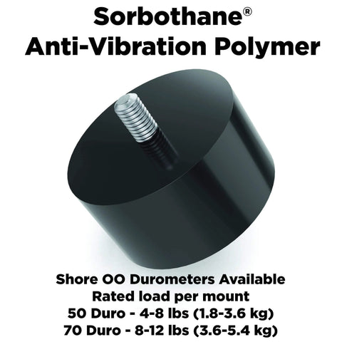 Sorbothane Male To Male Vibration Stud Mount For M4 Threads, 12.7mm Height And 19mm Diameter, 50 Duro Viscoelastic Polymer