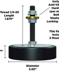 Anti Vibration Leveling Mount Kit With Sorbothane Shock Absorption 70 Duro For Superior Dampening One Quarter Twenty Mounting Stud Five Eighths Inch Height And Two And A Half Inches Diameter Two Piece Set For Smooth Quiet Operation shown with dimensions and hardware