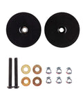 Experience vibration-free operation with Sorbothane anti vibration leveling mounts for 3/8-16 threaded connections, 3 inch stud length, 0.88 inch height, 3.5 inch diameter, 70 duro, pair that absorbs shock for millions of cycles and stabilizes loads, including bolts, washers, and nuts visible.
