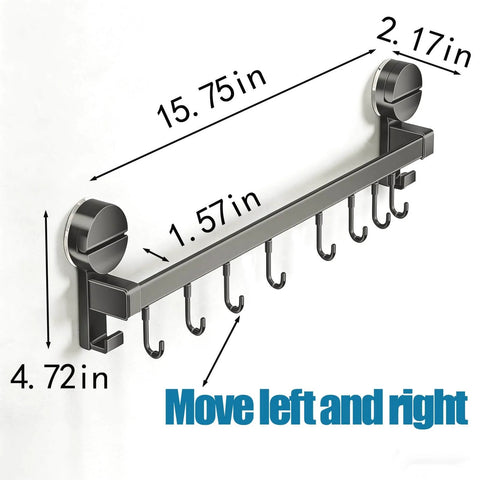 Wall Mounted Utensil Hook Rack with 8 Hooks, No Drill Installation, Space Gray Finish, shown with measurements and suction cups