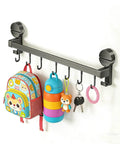 Wall Mounted Utensil Hook Rack with 8 Hooks, No Drill Installation, space gray, holding colorful backpack, bottle, keys, on white wall