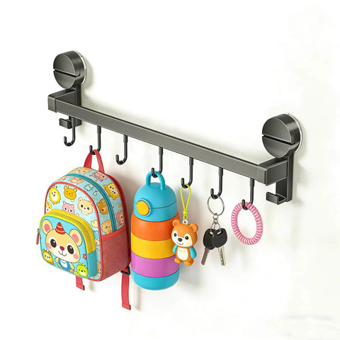 Wall Mounted Utensil Hook Rack with 8 Hooks, No Drill Installation, space gray, holding colorful backpack, bottle, keys, on white wall