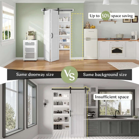 Double 24 Inch Bi Fold Barn Door Set For 48 X 84 Inch Openings With 4.3 Ft Rail And Hardware Kit Included MDF Wood Panel With PVC Surface For Easy Cleaning Space Saving Sliding Closet Doors In White Finish DIY Assembly Ready For Quick Installation shown installed in a kitchen for space saving.