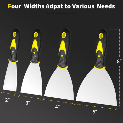 Spackle Knife Set Of Four Stainless Steel Putty Knives In 2 3 4 5 Inch Sizes With One Piece Blade And Soft Rubber Handle For Drywall Repair Wallpaper Removal Putty Plaster Cement And Adhesive Application.