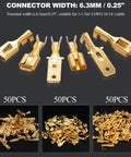 150Pcs 6.3Mm Spade Connectors Kit Quick Splice Crimp Terminals Non Insulated For 16 Or 14 Gauge Wire Great For Car Audio Speakers Relays Headlights Alarm Remote Start Wiring Projects, showing tin-plated copper connectors for automotive use.