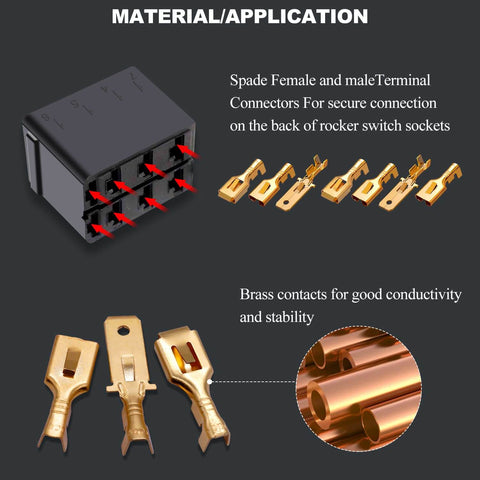 Image showing 150Pcs 6.3Mm Spade Connectors Kit Quick Splice Crimp Terminals Non Insulated For 16 Or 14 Gauge Wire with brass contacts.