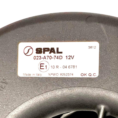 Label on High Performance 335 CFM Single Wheel Centrifugal Blower For 12 Volt HVAC And Rear Air Circulation In Vans And RVs With Beast Power By SPAL 30003542 023 A70 74D showing details and serial number.