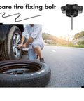 Spare Tire Bolt Replacement 3.77 Inch Wheel Mounting Screw Clamp Hardware Car Accessory shown being used by a person on the roadside.