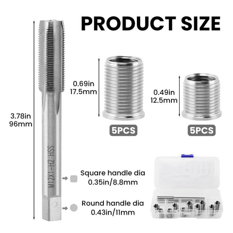Spark Plug Thread Repair Kit For Automotive Engines M10 By 1 Tap And M12 By 1 Tap with sizes and case shown