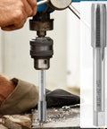 Close-up of a stainless steel M12 x 1 tap being used in a Spark Plug Thread Repair Kit For Automotive Engines M10 By 1 Tap And M12 By 1 Tap Stainless Steel Rethread Kit For Cylinder Heads Includes Ten Thread Inserts And One Tap Easy Auto Repair Tool For Leaky Threads And Pro Grade Performance in a drill on a metal surface, showing thread cutting in progress.