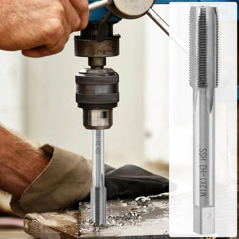 Close-up of a stainless steel M12 x 1 tap being used in a Spark Plug Thread Repair Kit For Automotive Engines M10 By 1 Tap And M12 By 1 Tap Stainless Steel Rethread Kit For Cylinder Heads Includes Ten Thread Inserts And One Tap Easy Auto Repair Tool For Leaky Threads And Pro Grade Performance in a drill on a metal surface, showing thread cutting in progress.