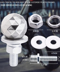 Sparkle Ball License Plate Screws 4 Pack Universal Anti Theft Bolts with nuts and washers, silver, stainless steel, 6mm thread diameter.