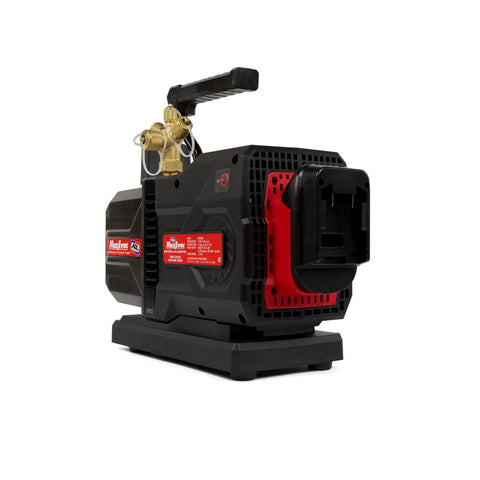 Go-To 6 CFM 2-Stage Sparkless Battery Powered Vacuum Pump for HVAC with brass fittings, compatible with Makita DeWalt Milwaukee batteries.