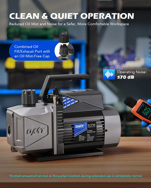 Two Stage A2L Sparkless Ignition-Proof Vacuum Pump For Auto HVAC Systems, 5 CFM showcased on a workspace