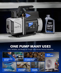 Sparkless Pro Grade auto HVAC vacuum pump with oil, ideal for automotive, woodworking, and HVAC servicing, model shown on display table.