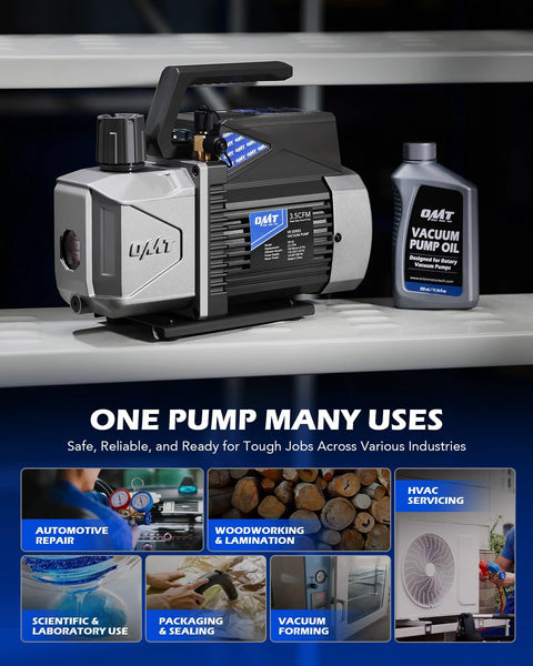 Sparkless Pro Grade auto HVAC vacuum pump with oil, ideal for automotive, woodworking, and HVAC servicing, model shown on display table.