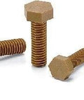 SPDC-M5-10-H NBK Plastic Screw - Hex Head Screws, VESPEL Grade:SCP-5000, 1 pack, front view of four screws in brown, made in Japan