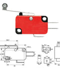 SPDT Lead Limit Switch With Long Roller Lever, Heavy Duty 15A 125/250VAC, 0.6A 125VDC, Red and Black with Silver Base.