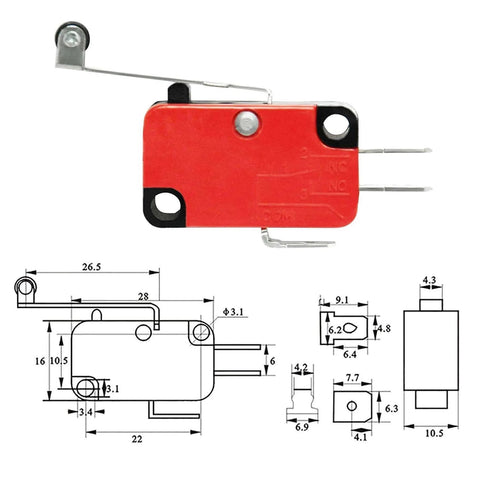 SPDT Lead Limit Switch With Long Roller Lever, Heavy Duty 15A 125/250VAC, 0.6A 125VDC, Red and Black with Silver Base.