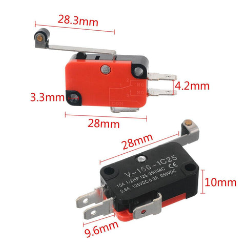 SPDT Lead Limit Switch With Long Roller Lever, Heavy Duty 15A 125/250VAC, Silver and Black Design, Industrial Use