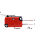 SPDT Lead Limit Switch With Long Roller Lever, Heavy Duty 15A 125/250VAC, red housing, silver base, side view