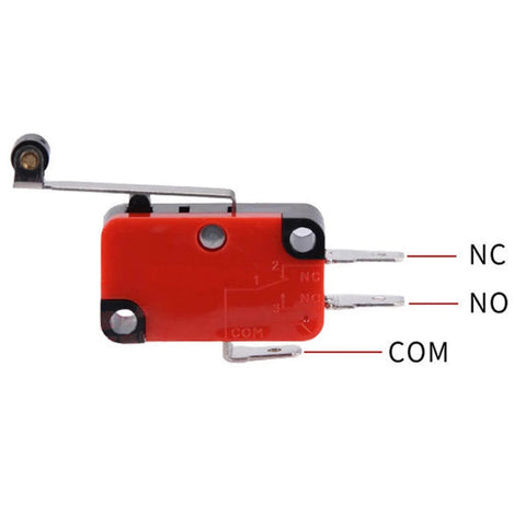 SPDT Lead Limit Switch With Long Roller Lever, Heavy Duty 15A 125/250VAC, red housing, silver base, side view