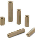 SPE-M3-4-HB NBK Plastic screw Hex Posts made in Japan, assorted sizes displayed in beige color.