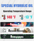 Special hydraulic oil with temperature range from -13°F to 140°F, thermal stability, abrasion resistance, biodegradable.