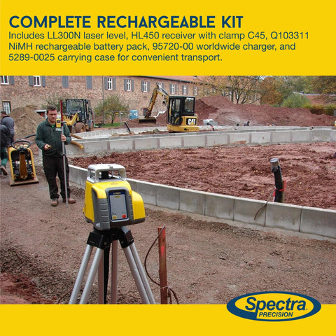 Spectra Precision LL300N-4 Self-Leveling Rotary Laser Kit on jobsite with concrete foundation, HL450 receiver visible