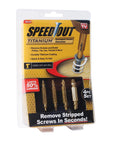 Packaging of ✝️ Speed Out Titanium Damaged Screw Extractor Kit, 4 Piece Set showing four extractors and instructions.