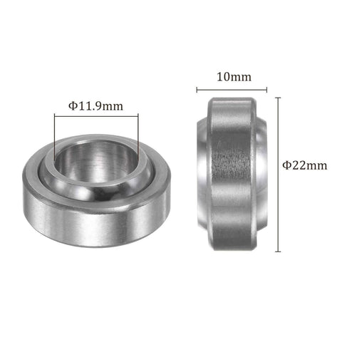 Spherical Plain Bearing 11.8 By 22 By 10 Mm Self Lubricated Chrome Steel Two Pack dimensions shown front and side view