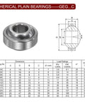 Chart and diagram of GEG series spherical plain bearings with dimensions and load ratings, including Two Piece GEG8C Sealed Spherical Plain Bearing 8mm Bore.