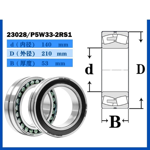 Spherical Roller Bearing 23028CAK W33 with Brass Cage delivers dependable heavy duty performance for machinery, 140x210x53 mm diagram