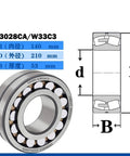 Spherical Roller Bearing 23028CAK W33 with Brass Cage, 140x210x53 mm, illustration with dimensions and design details