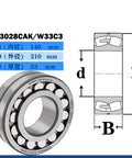 Diagram and photo of Spherical Roller Bearing 23028CAK W33 Brass Cage, dimensions 140x210x53 mm
