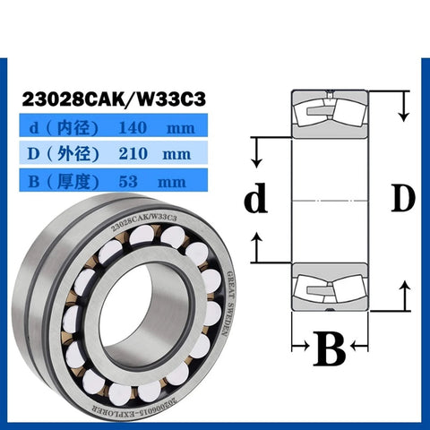 Diagram and photo of Spherical Roller Bearing 23028CAK W33 Brass Cage, dimensions 140x210x53 mm