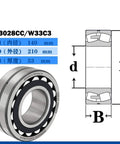 Diagram and image of Spherical Roller Bearing 23028CAK W33 with Brass Cage, dimensions 140x210x53 mm for heavy duty machinery.