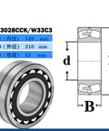 Diagram and view of Spherical Roller Bearing 23028CAK W33 with Brass Cage for heavy-duty machinery, 140x210x53 mm dimensions.