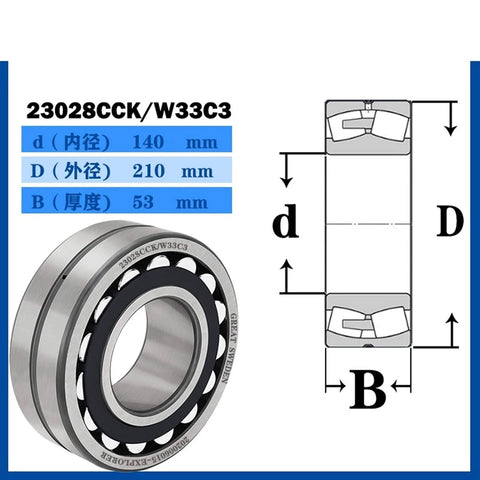 Diagram and view of Spherical Roller Bearing 23028CAK W33 with Brass Cage for heavy-duty machinery, 140x210x53 mm dimensions.